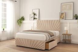 "Sloomy Amberley Naples Divan Bed Base 2 Drawers Right Side With 26"" Strutted Headboard & 12"" Matching Footboard in Light Sand - Size: Super King" - thumbnail 2
