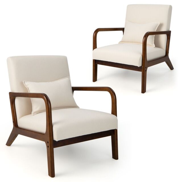Costway Modern Accent Chair Leisure Chair with Lumbar Pillow Fabric Reading Armchair in Beige - image 1