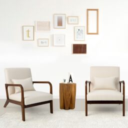 Costway Modern Accent Chair Leisure Chair with Lumbar Pillow Fabric Reading Armchair in Beige - thumbnail 5