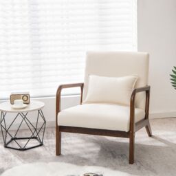 Costway Modern Accent Chair Leisure Chair with Lumbar Pillow Fabric Reading Armchair in Beige - thumbnail 4