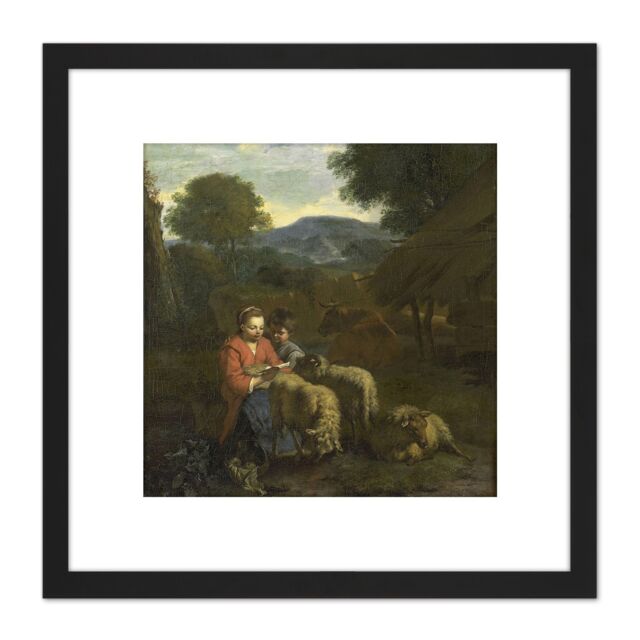 Artery8 Van Der Does Shepherdess Reading Child Sheep 8X8 Inch Square Wooden Framed Wall Art Print Picture with Mount in Black - image 1