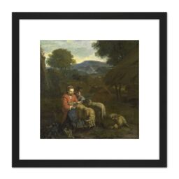 Artery8 Van Der Does Shepherdess Reading Child Sheep 8X8 Inch Square Wooden Framed Wall Art Print Picture with Mount in Black - thumbnail 1