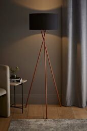 ValueLights Camden Copper Metal Tripod Floor Lamp with Black Drum Lamp Shade