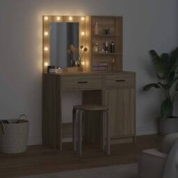 Berkfield Home 2 Piece Dressing Table Set with LED Sonoma Oak Engineered Wood in Light Oak - thumbnail 4
