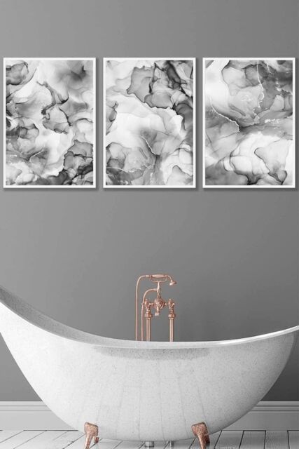 ARTZE Set of 3 White Framed Abstract Floral Fluid in Grey Wall Art in Mid Grey - Size: W33 cm x H45 cm x D20mm - image 1