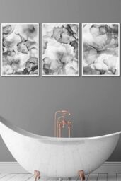 ARTZE Set of 3 White Framed Abstract Floral Fluid in Grey Wall Art in Mid Grey - Size: W33 cm x H45 cm x D20mm - thumbnail 1