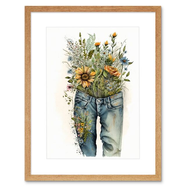 "Artery8 Wall Art Print Spring Wildflowers Bursting out of a Pair of Jeans Artwork Framed 9X7 Inch in Beige - Size: W7"" x H9""" - image 1