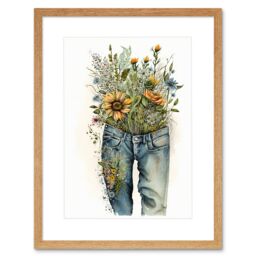 "Artery8 Wall Art Print Spring Wildflowers Bursting out of a Pair of Jeans Artwork Framed 9X7 Inch in Beige - Size: W7"" x H9""" - thumbnail 1