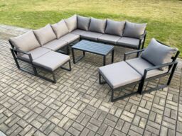 Fimous Aluminium Outdoor Garden Furniture Set Lounge Corner Sofa Chair Oblong Coffee Table Sets with 2 Big Footstools Dark Grey - thumbnail 2