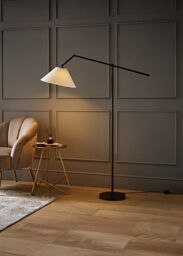 ValueLights Layla Adjustable Angled Floor Lamp with Tapered Linen Shade & Bulb in Black
