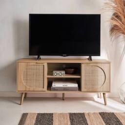 sweeek 120cm TV unit woodenn effect rounded cane rattan 2 doors in Brown