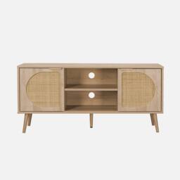 sweeek 120cm Tv Unit Woodenn Effect Rounded Cane Rattan 2 Doors in Light Brown - thumbnail 2