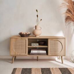sweeek 120cm TV unit woodenn effect rounded cane rattan 2 doors in Brown - thumbnail 4