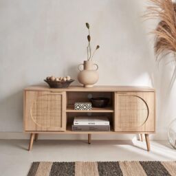 Wood And Rounded Cane Rattan Tv Unit - thumbnail 3