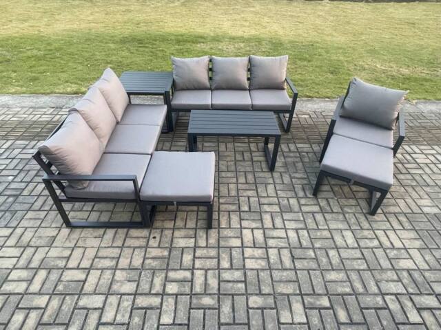 Fimous Aluminium 7 Pieces Garden Furniture Set with Cushions 9 Seater Outdoor Patio Lounge Sofa Set with Armchair 2 Big Footstools Side Table - image 1