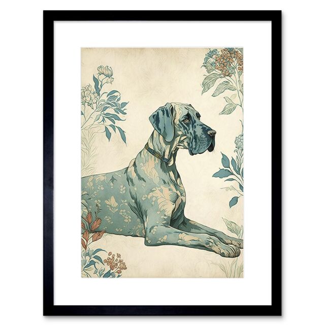 "Artery8 Wall Art Print Blue Great Dane Dog with Flower Pattern Fur Coat Modern Artwork Framed 9X7 Inch in Black - Size: W7"" x H9""" - image 1