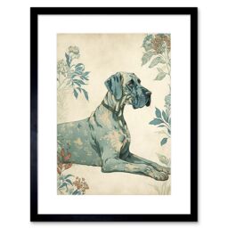 "Artery8 Wall Art Print Blue Great Dane Dog with Flower Pattern Fur Coat Modern Artwork Framed 9X7 Inch in Black - Size: W7"" x H9""" - thumbnail 1
