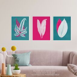 Artery8 Wall Art Print Pack of 3 A4 Modern Forest Leaf Fuchsia Pink & Teal Contrast Xray Foliage Im Botanical Living Room s Set - thumbnail 2