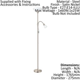 Loops Floor Lamp Light Satin Nickel Shade White Plastic Glass Bulb E27 E14 1x60W 1x25W in Metallics - thumbnail 2