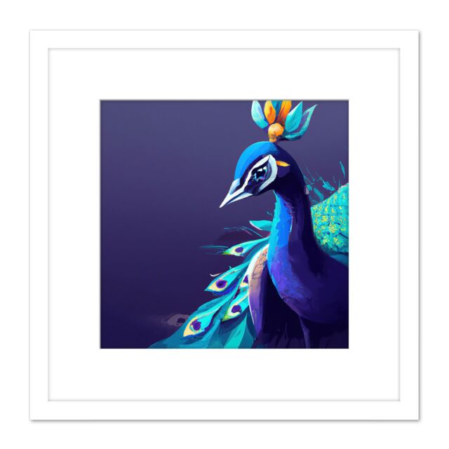 Artery8 Peacock Peafowl Navy Blue Bird Nature Modern Contemporary Watercolour Painting Square Wooden Framed Wall Art Print Picture 8X8 Inch in White - image 1