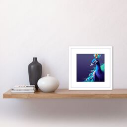 Artery8 Peacock Peafowl Navy Blue Bird Nature Modern Contemporary Watercolour Painting Square Wooden Framed Wall Art Print Picture 8X8 Inch in White - thumbnail 2