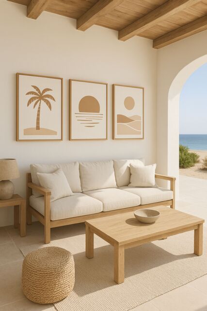 Mafett Set Of 3 Golden Horizon Minimalist Coastal Trio Framed in Nude - Size: A3