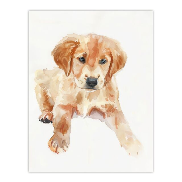 "Artery8 Dog Lover Golden Retriever Puppy Soft Watercolour Wall Art Print in Beige - Size: W18"" x H24""" - image 1
