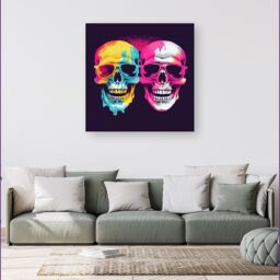 Warren Reed - Designer Pinks & Blue Happy Skeletons Canvas - Size: w40 inch x h40 inch - thumbnail 1