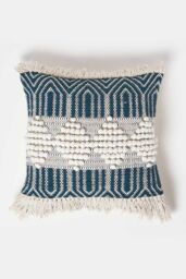 Homescapes Safi Handwoven Fringed Navy & Cream Kilim Cushion - Size: 45 cm x 45 cm