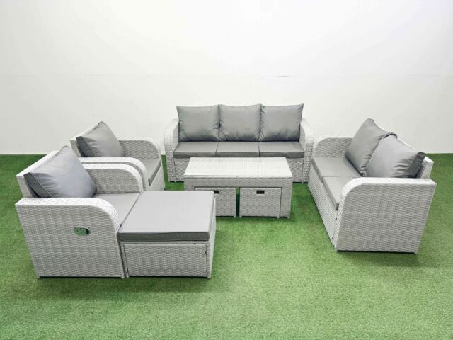 Fimous PE Rattan Garden Furniture Set Adjustable Chair Sofa Double Love Seat 2 Seater Sofa Lounge Set Rectangular Coffee Table 3 Stools Light Grey - image 1