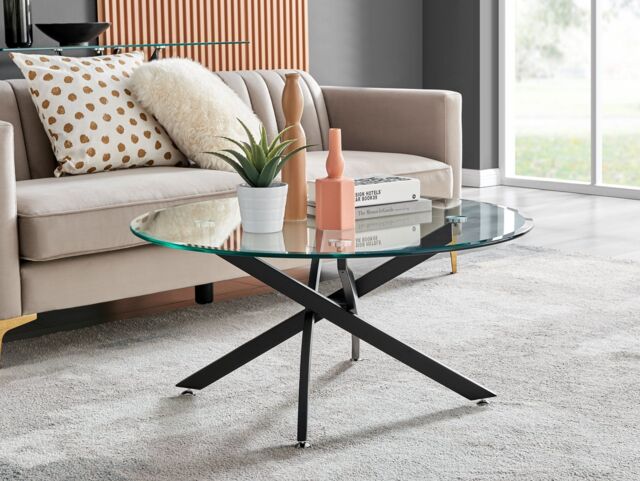 FurnitureboxUK Novara Round Glass Coffee Table with Angled Starburst Metal Legs for Modern Glam Minimalist Living Room in Black - image 1