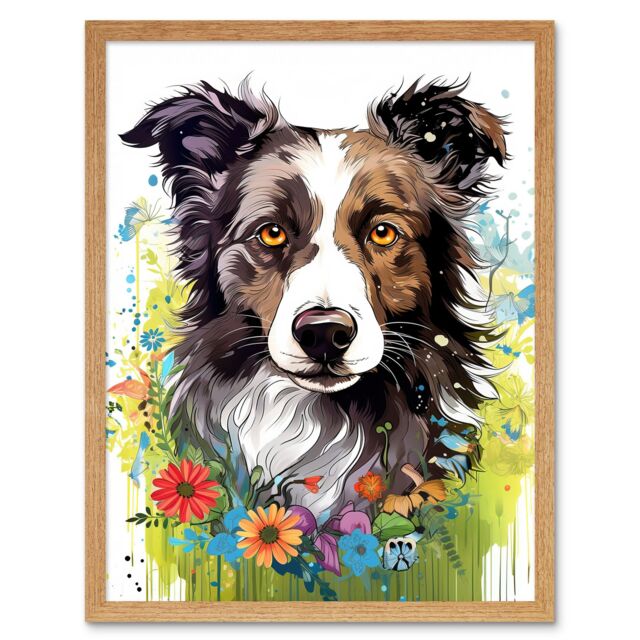 "Artery8 Wall Art Print Border Collie Dog Bright Watercolour Painting Floral Portrait with Wildflowers & Butterflies Art Framed - Size: W12"" x H16""" - image 1