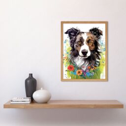 "Artery8 Wall Art Print Border Collie Dog Bright Watercolour Painting Floral Portrait with Wildflowers & Butterflies Art Framed - Size: W12"" x H16""" - thumbnail 2