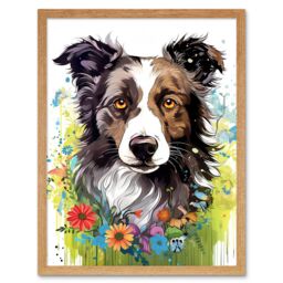 "Artery8 Wall Art Print Border Collie Dog Bright Watercolour Painting Floral Portrait with Wildflowers & Butterflies Art Framed - Size: W12"" x H16""" - thumbnail 1