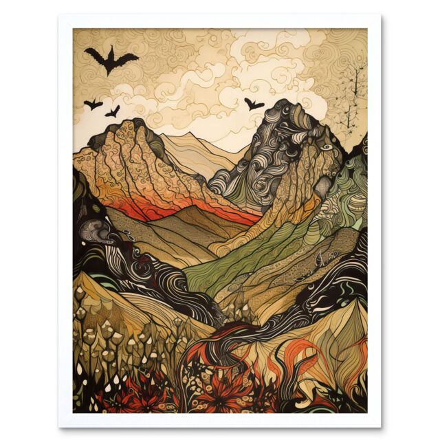 "Artery8 Wall Art Print Mountain Landscape Multicoloured Pattern Linocut Art Framed in White - Size: W12"" x H16""" - image 1
