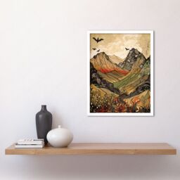 "Artery8 Wall Art Print Mountain Landscape Multicoloured Pattern Linocut Art Framed in White - Size: W12"" x H16""" - thumbnail 2