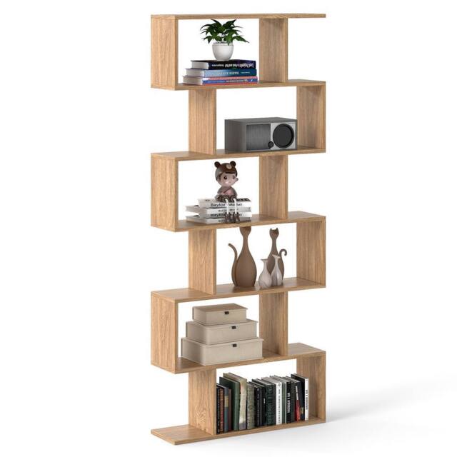 Costway 6-tier Bookcase S-Shaped Bookshelf Wooden Storage Display Rack in Natural - image 1