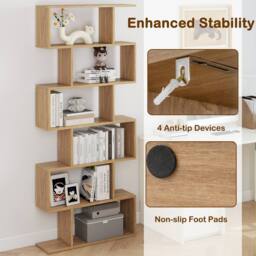 Costway 6-tier Bookcase S-Shaped Bookshelf Wooden Storage Display Rack in Natural - thumbnail 8
