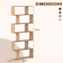 Costway 6-tier Bookcase S-Shaped Bookshelf Wooden Storage Display Rack in Natural - thumbnail 2