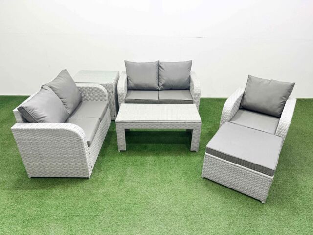 Fimous High Back Poly Rattan Garden Furniture Set w/ Reclining Chair Loveseat Sofa Oblong Coffee Table Indoor Outdoor Patio Set Big Stool Side Table - image 1