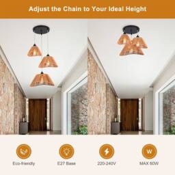 NIVOR Industrial 3 Light Rattan Farmhouse Boho Cluster Adjustable Pendant in Brown - thumbnail 4