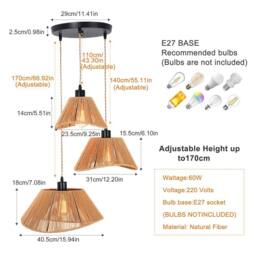 NIVOR Industrial 3 Light Rattan Farmhouse Boho Cluster Adjustable Pendant in Brown - thumbnail 2