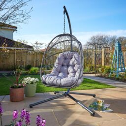 Home Source Hanging Egg Chair Rattan Black Waterproof Cushion Outdoor Seat in Dark Grey - thumbnail 1