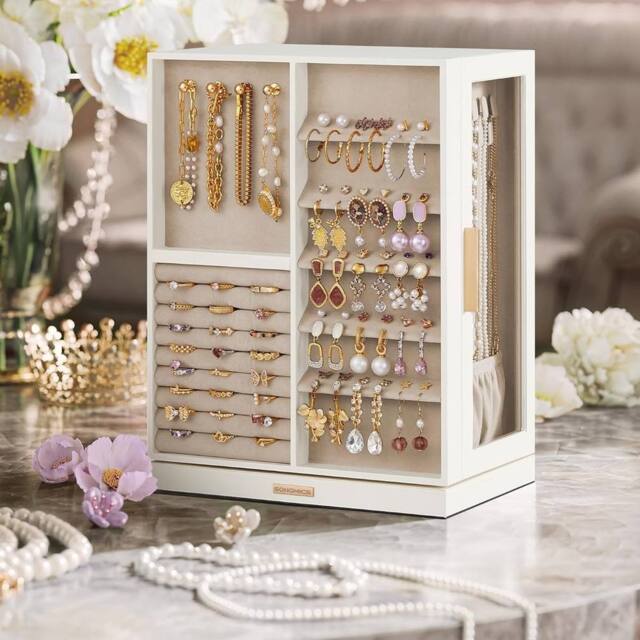 SONGMICS Rotating Jewellery Box with 7 Drawers & Glass Display in White - image 1