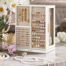 SONGMICS Rotating Jewellery Box with 7 Drawers & Glass Display in White - thumbnail 1