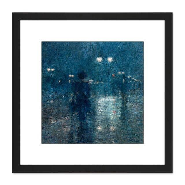 Artery8 Hassam Fifth Avenue Nocturne 8X8 Inch Square Wooden Framed Wall Art Print Picture with Mount in Black - image 1