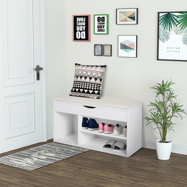 HOMCOM Wooden Shoes Cabinet Bench Hidden Storage Padded Seat in White - image 1