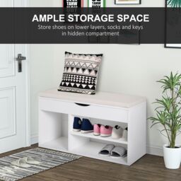 HOMCOM Wooden Shoes Cabinet Bench Hidden Storage Padded Seat in White - thumbnail 6