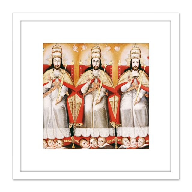 Artery8 Cusco School Enthroned Trinity As Three Identical Figures 8X8 Inch Square Wooden Framed Wall Art Print Picture with Mount in White - image 1