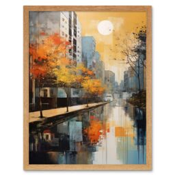 "Artery8 Wall Art Print Cityscape River Canal Oil Painting Blue Orange Trees Autumn in the City Art Framed in Light Oak - Size: W12"" x H16""" - thumbnail 1